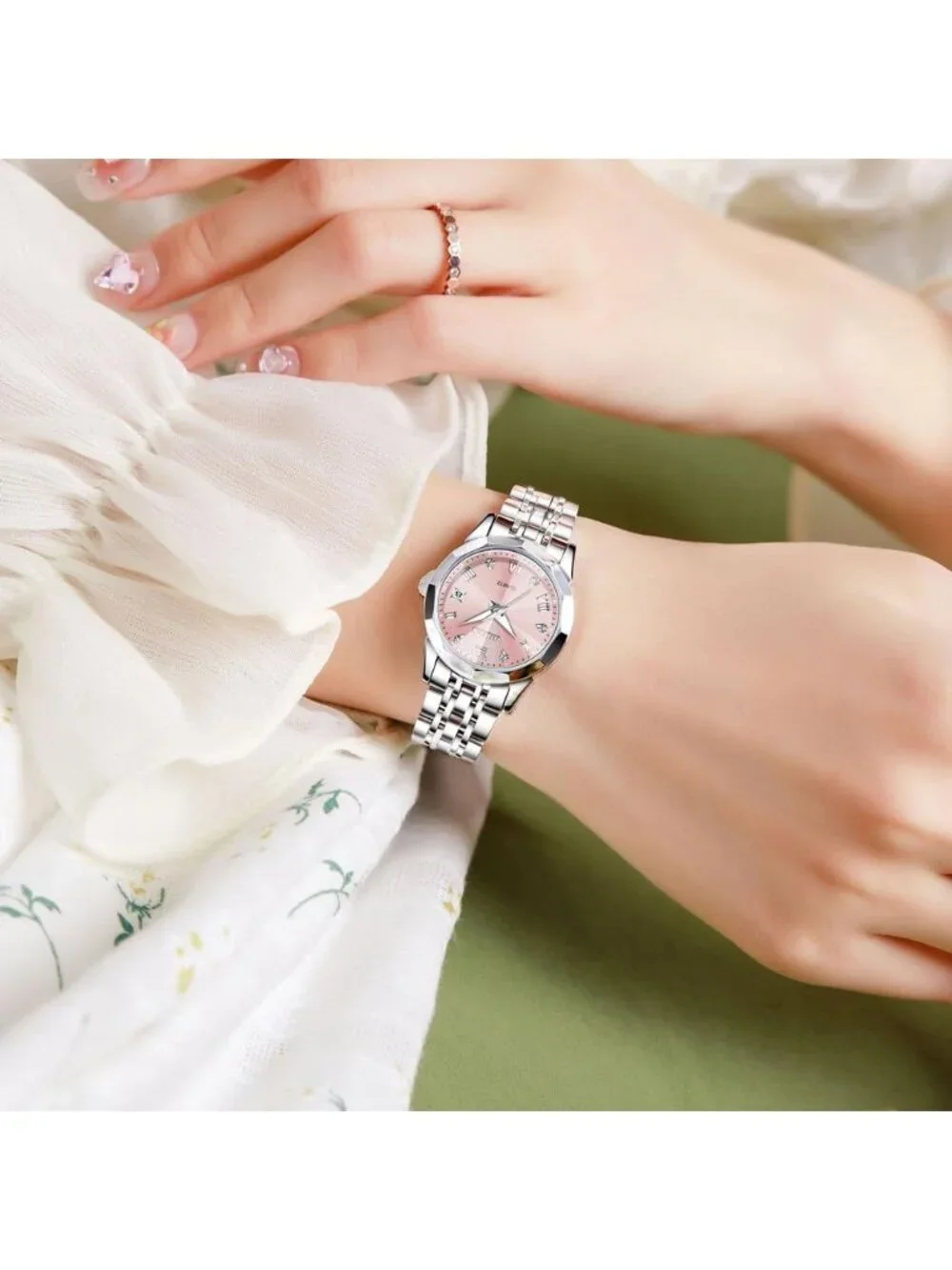 Women's Silver Pink Diamond Analog Stainless Steel Waterproof Date Wrist Watch